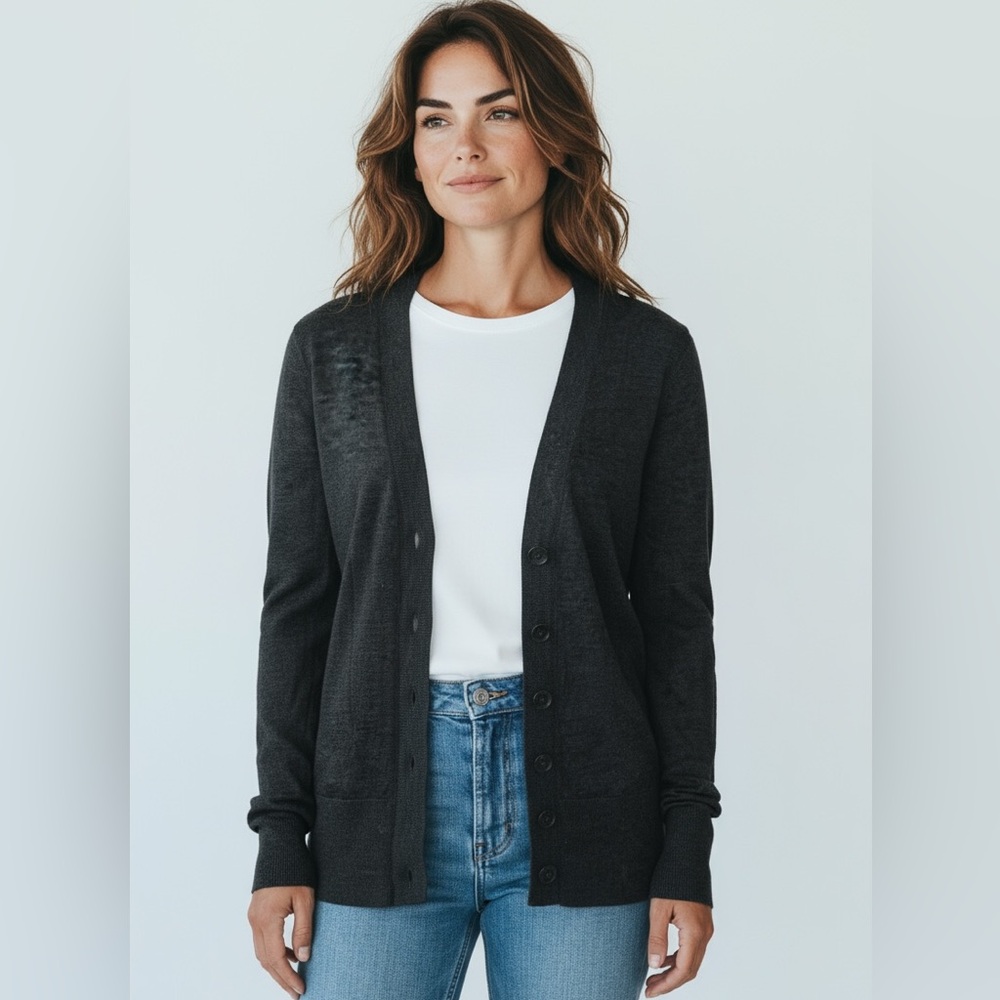 Ann Taylor Loft Women’s Size Small Long Sleeve V Neck Gray Sweater Cardigan - Picture 2 of 7